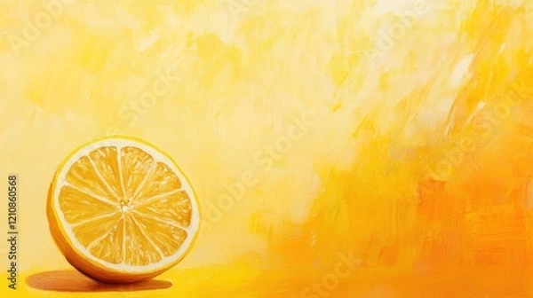 Fototapeta Half lemon, yellow background, vibrant, citrus, food, summer, painting, texture, design, website