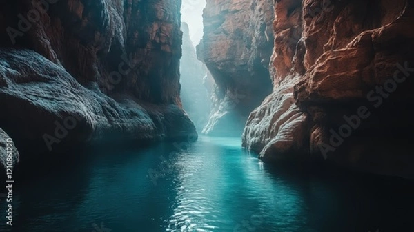 Fototapeta Ocean waves crash between rocky cliffs creating a dramatic seascape on a sunny day
