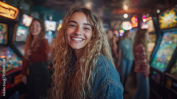 Fototapeta A girl among diverse group of friends enjoying arcade games in retro-themed arcade, smiling and having fun, with neon lights and arcade machines in the background. casino arcade game concept