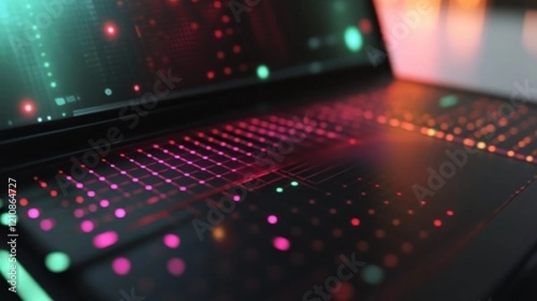 Fototapeta Futuristic laptop with glowing keyboard and screen displaying data.
