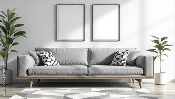 Fototapeta Chic light gray leather couch adorned with striking black and white geometric patterned pillows. A complementary gray and white rug softens the space, creating an inviting indoor scene