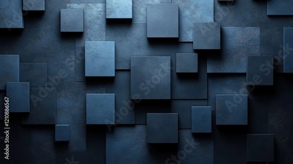 Fototapeta Clean blue squares and curves on a dark background. Geometric design for banner template with white space in the center for text. Modern minimalist wallpaper with copy space.