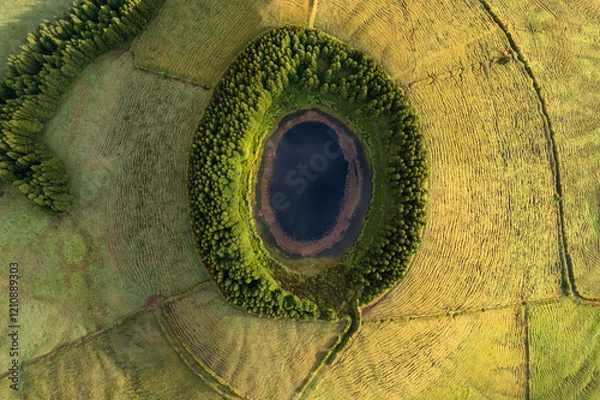 Fototapeta Aerial view of beautiful lagoon in Azores islands. Drone landscape with lines and textures in the background. Top view of volcanic crater, tourist attraction of Portugal.