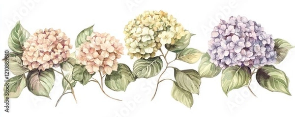 Fototapeta Collection watercolor hydrangeas in full bloom, using a muted color palette for a vintage feel.