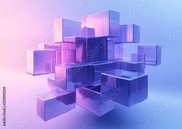 Fototapeta Minimalist Abstract 3D Render of Interlocking Geometric Shapes in Purple and Blue Soft Hues