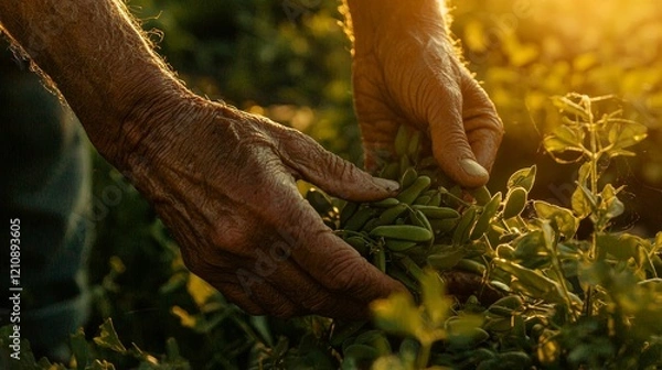 Fototapeta Cinematic capture of a farmer picking green beans, emphasizing the interaction of hands with nature, soft golden hour lighting, vivid natural colors