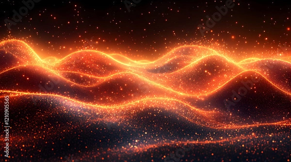 Fototapeta Abstract Glowing Wave of Orange and Red Particles, Dynamic Energy Background