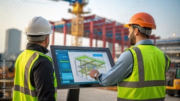 Fototapeta An engineer in a hard hat and safety vest collaborates with a colleague at a large digital touchscreen manipulating BIM software to showcase structural changes surrounded by the