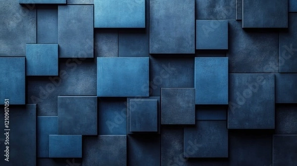 Fototapeta Clean blue squares and rectangles on a dark background. Geometric design for banner template with white space in the center for text. Minimalist wallpaper with copy space.