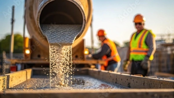 Fototapeta Closeup shot focuses on a cement mixer pouring fresh concrete into a mold droplets glistening in the sunlight as construction workers coordinate nearby gesturing and communicating.