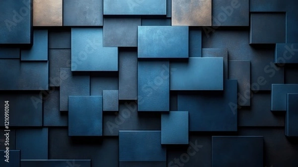 Fototapeta Clean blue squares and rectangles on a dark background. Geometric design for banner template with white space in the center for text. Minimalist wallpaper with copy space.