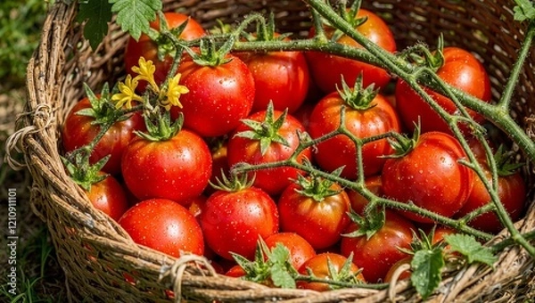 Fototapeta Fresh red tomatoes in a basket with dew surrounded by green vines and yellow flowers