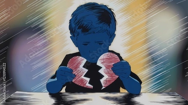 Fototapeta Boy Silhouette with Torn Heart Symbolizing Childhood Emotions, Emotional Silhouette of Boy at Desk with Broken Paper Heart, Symbolic Silhouette of Sad Boy with Torn Heart