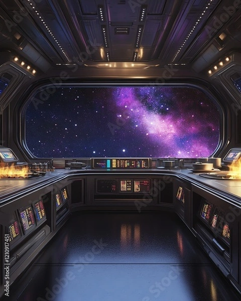 Fototapeta Futuristic spaceship bridge interior with a breathtaking view of a nebula through a large window.  Sleek design, vibrant colors.