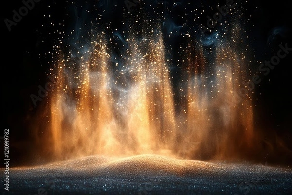 Fototapeta dynamic sand particles suspended in darkness backlit explosion effect creating ethereal patterns against black void