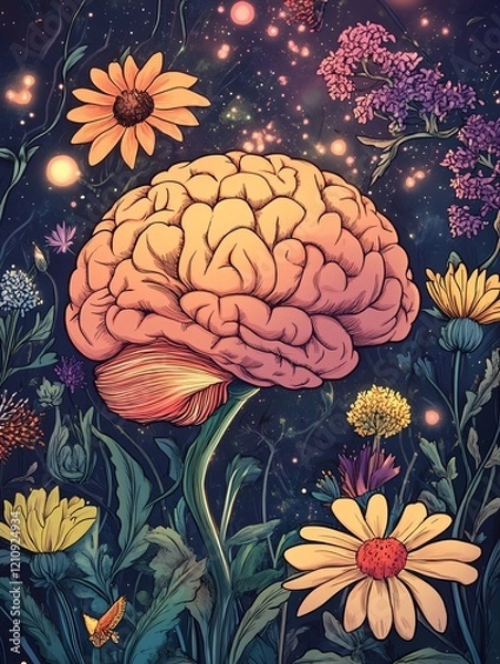 Fototapeta A vibrant brain surrounded by colorful flowers.
