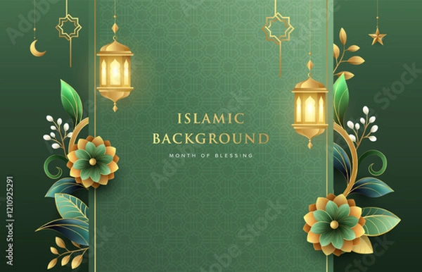 Fototapeta Elegant Ramadan Kareem design on green Islamic pattern background with gold ornament star, moon, flowers and lanterns. Raya and ramadan template design for poster, flyer, banner and greeting cards.