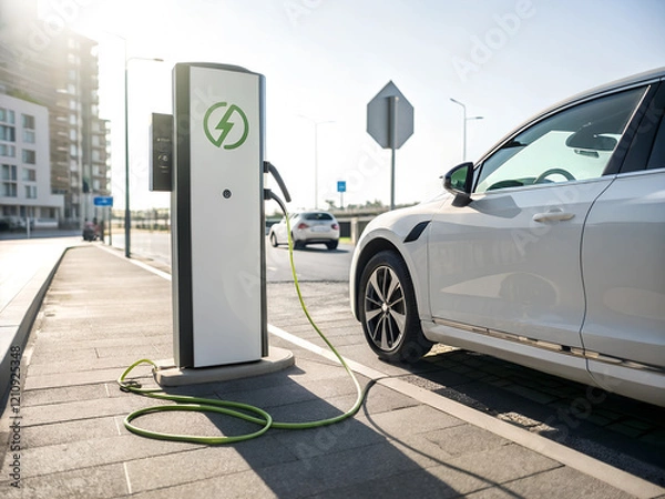 Obraz A sleek electric car parked at a modern charging station, with a green energy symbol displayed on the charger. Bright daylight, clean urban setting, and a focus on sustainability and innovation