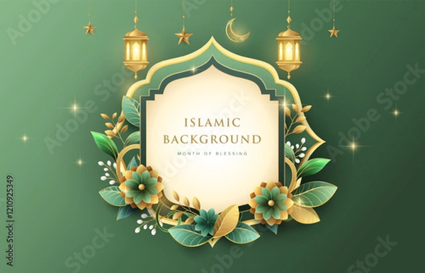 Fototapeta Beautiful floral Ramadan Kareem greeting design on green background with gold ornament star, moon and lanterns. Suitable for raya and ramadan template concept.