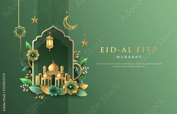 Fototapeta Minimalist Ramadan Kareem greeting design template with flowers and gold islamic lanterns, star and moon. Suitable for raya and ramadan template design concept.
