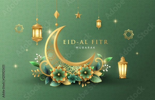 Fototapeta Modern Ramadan Kareem banner design with gold ornament moon, star, flowers and lanterns on green Islamic pattern background. Raya and ramadan template design for poster, banner and greeting cards.