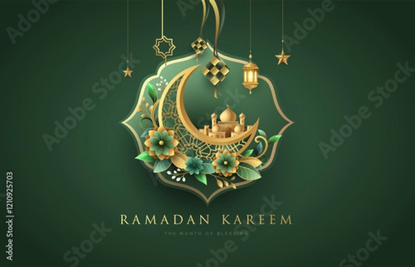 Fototapeta Elegant Ramadan Kareem design on dark green background with gold ornament star, moon, flowers and lanterns. Raya and ramadan template design for poster, banner and greeting cards.