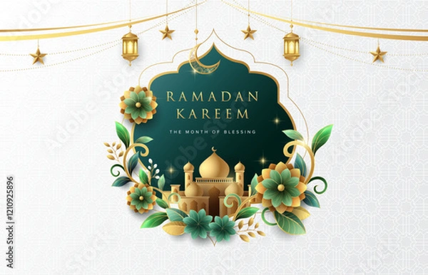 Fototapeta Minimalist floral Ramadan Kareem greeting design on white background with gold ornament star, moon and lanterns. Suitable for raya and ramadan template concept.