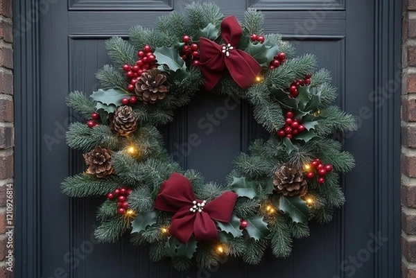 Fototapeta elegant holiday wreath with twinkling white lights natural pine branches red berries festive ribbons classic design