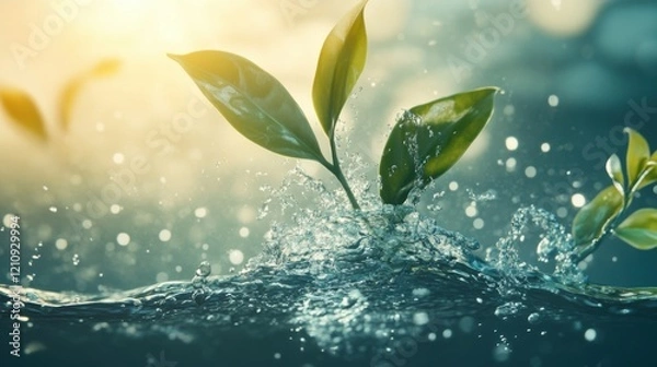 Fototapeta Fresh Green Leaves Emerging from Water Surface, Symbolizing Growth, Renewal, and Natural Beauty in a Sunlit Environment with Sparkling Ripples