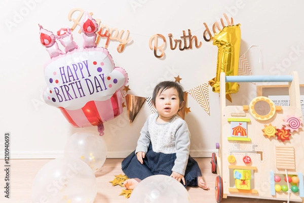 Obraz 日本人の1歳の女の子の誕生日パーティー