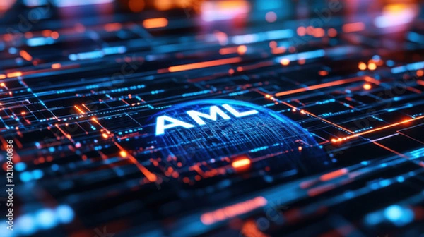 Fototapeta Futuristic digital background featuring glowing blue and orange lines with AML text, symbolizing technology and innovation