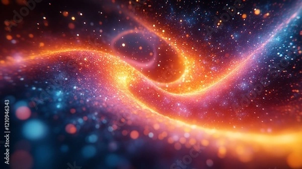 Fototapeta A glowing, colorful 3D representation of a DNA helix twisting in the dark, surrounded by vibrant light particles. 2