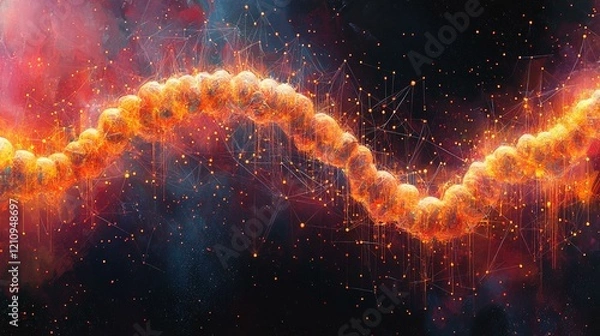 Fototapeta A depiction of a DNA strand intertwined with glowing strands of genetic code, representing the mapping of human evolution. 380