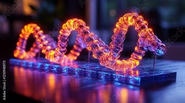 Fototapeta A conceptual image where the four base pairs are represented as different colored puzzle pieces coming together to form a complete DNA molecule. 421