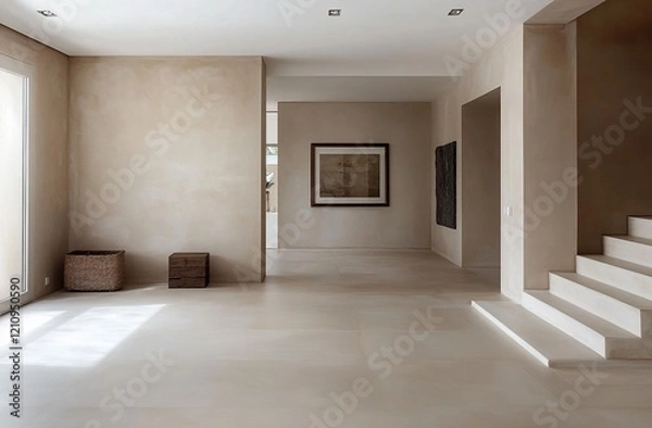 Fototapeta Minimalist interior design of a spacious hallway with beige walls, a wooden box, a wicker basket, large windows, and a staircase.