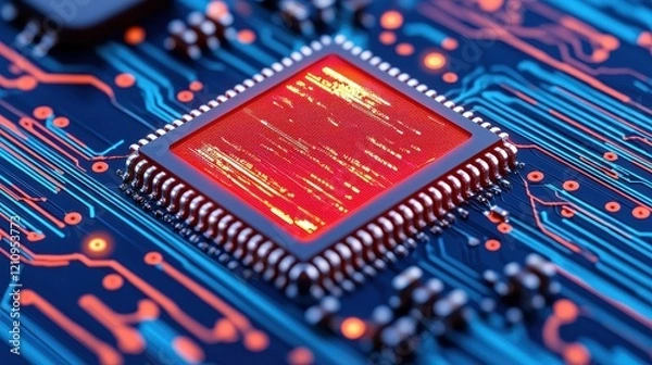 Fototapeta Close-up of a Microprocessor on a Colorful Circuit Board