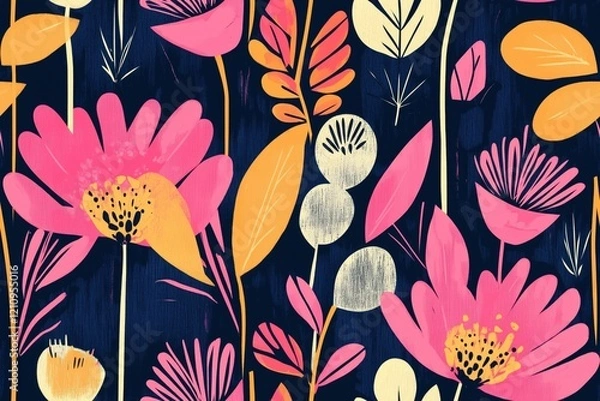 Fototapeta Padrão floral contínuo com flores estilizadas em tons vibrantes de rosa, laranja e preto, com folhas detalhadas em fundo claro, criado com IA generativa.
