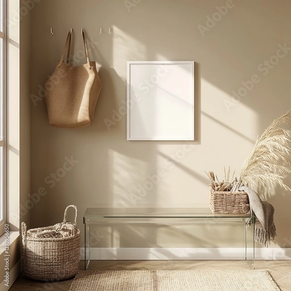 Obraz Minimalist entryway with bench, bag, and pampas grass.