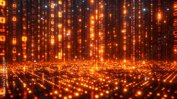 Obraz Abstract Digital Data Stream with Glowing Orange Numbers and Lines