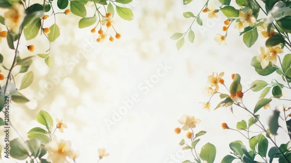 Fototapeta A light floral border with green leaves, soft yellow buds, and delicate berries creates minimal and elegant design