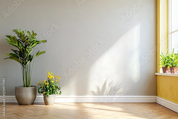 Fototapeta bright interior with smooth stucco walls, featuring potted plants and sunlight casting shadows. space feels fresh and inviting, perfect for relaxation