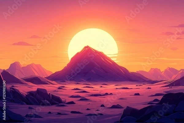 Fototapeta Sunset over a majestic mountain range, vibrant colors and minimalist style. Ideal for travel, adventure, and nature themes, evokes tranquility and vastness.