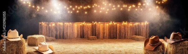 Obraz Rustic barn, hay bales, cowboy hats, string lights, country event