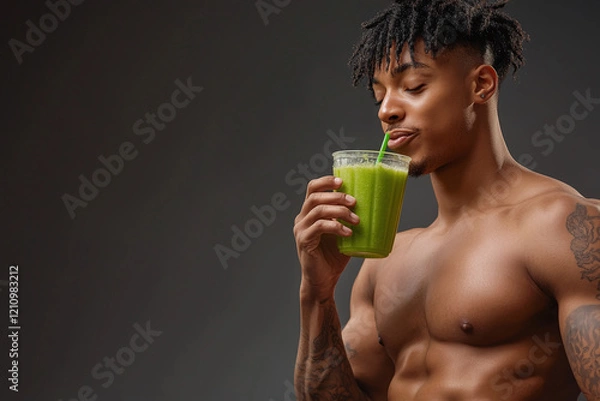Obraz fit man enjoying green smoothie, showcasing healthy lifestyle and fitness. His toned physique and focused expression reflect dedication to wellness and nutrition