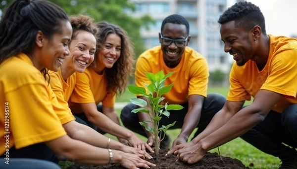 Fototapeta Diverse group volunteers in yellow shirts plant sapling together in park. Happy, smiling eco team works on urban greening project. Planting tree represents hope, environmentalism. Group effort