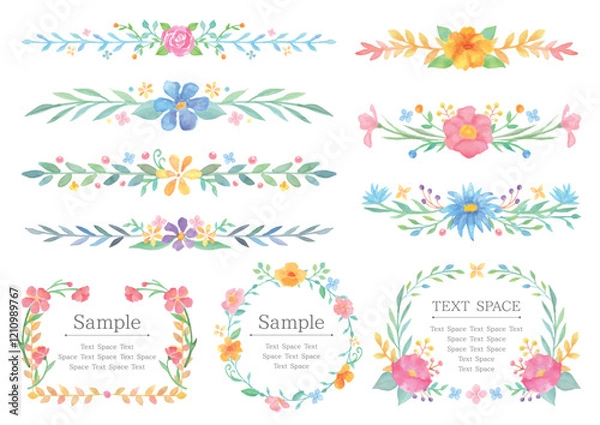 Fototapeta 水彩の優しいタッチの花と植物の飾りとフレームセット