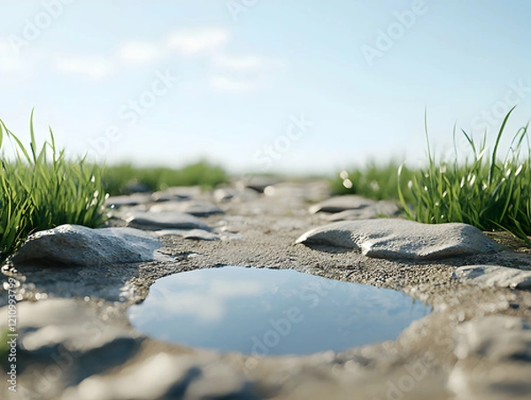 Fototapeta Nature's reflection tranquil puddle on a stone pathway open field landscape photography serene atmosphere ground level view