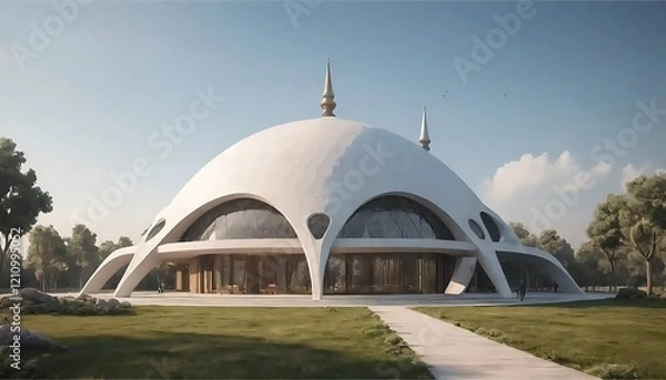 Fototapeta Modern Mosque Design: Serene Dome, Expansive Windows, and Tranquil Setting