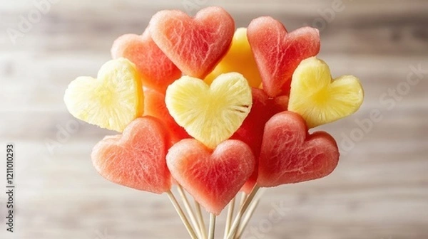 Fototapeta Heart-Shaped Watermelon and Pineapple Slices on Skewers for Celebration