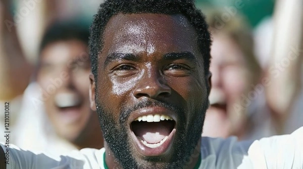 Fototapeta Ecstatic fan cheering at a sports game, crowd in background, joyful celebration. Use Sports event promotion